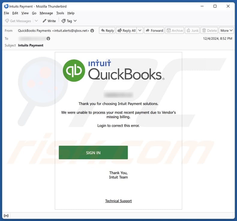 Intuit QuickBooks - Unable To Process Payment Kampania spamowa e-mail