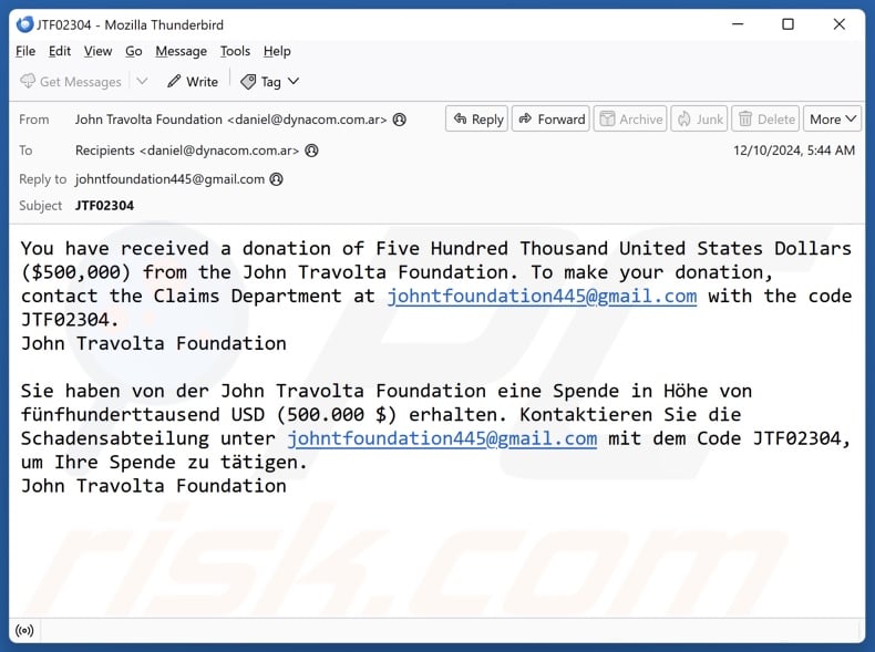 John Travolta Foundation Kampania spamowa e-mail