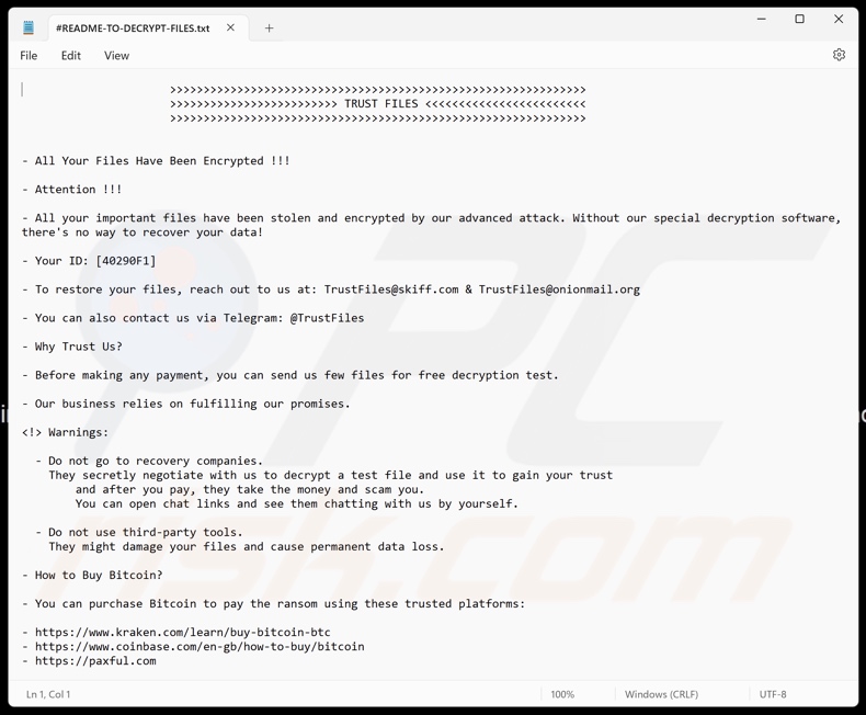 TRUST FILES ransomware plik tekstowy (#README-TO-DECRYPT-FILES.txt)