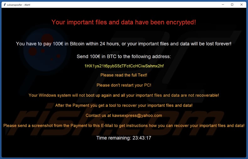 Vulcan ransomware okup (pop-up okno)