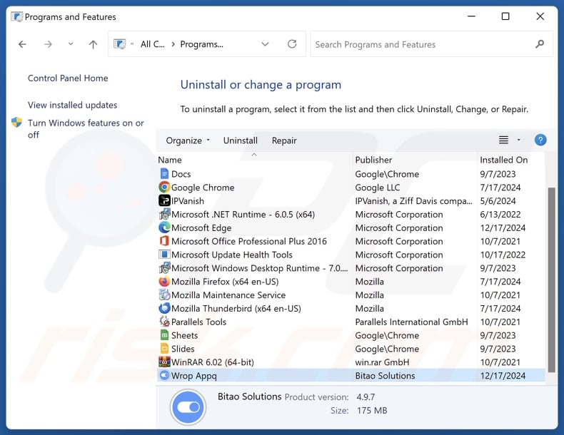 Odinstalowanie Wrop Appq za pomocą Panelu sterowania