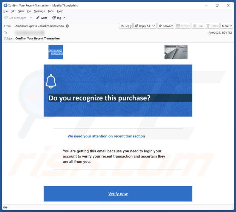 American Express - Unrecognized Transaction Kampania spamowa e-mail