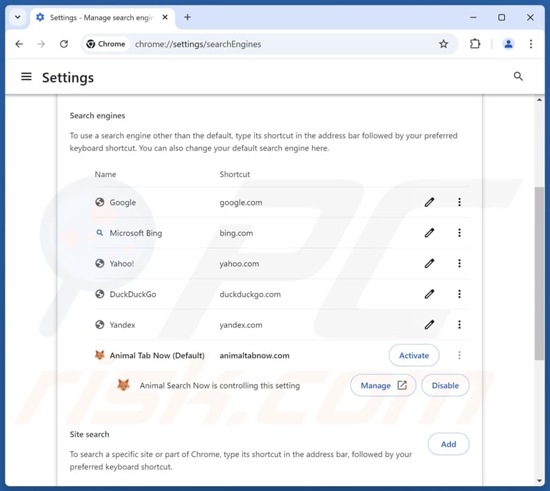 Usuwanie animaltabnow.com z domyślnej wyszukiwarki Google Chrome