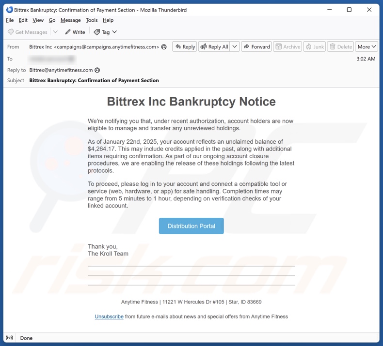 Bittrex Inc Bankruptcy Notice Kampania spamowa e-mail