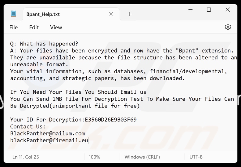BlackPanther ransomware okup (Bpant_Help.txt)