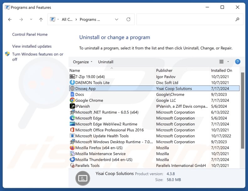 Disoaq App odinstalowanie via Control Panel