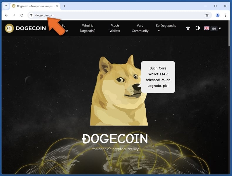 Wygląd prawdziwej strony internetowej Dogecoin (dogecoin.com)