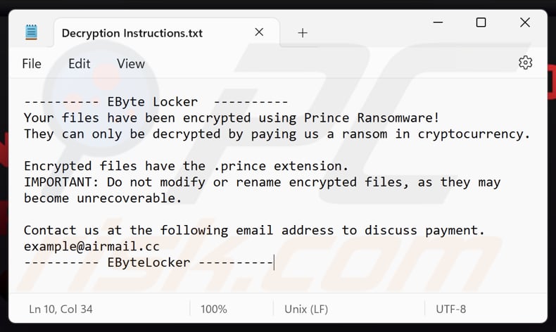 EByte Locker plik tekstowy ransomware (Decryption Instructions.txt)