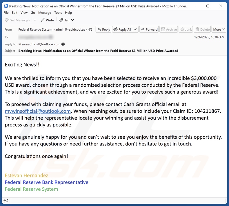 Federal Reserve Award Kampania spamowa e-mail