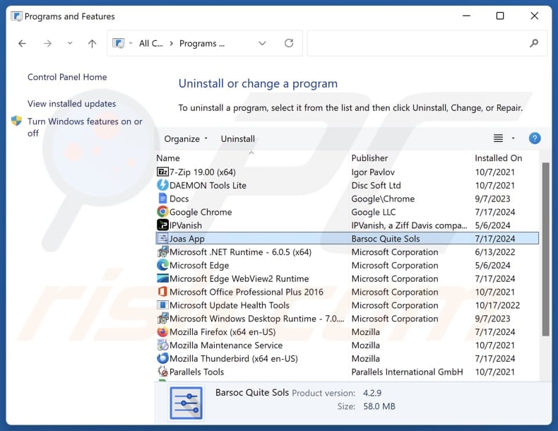 Joas App odinstalowanie via Control Panel