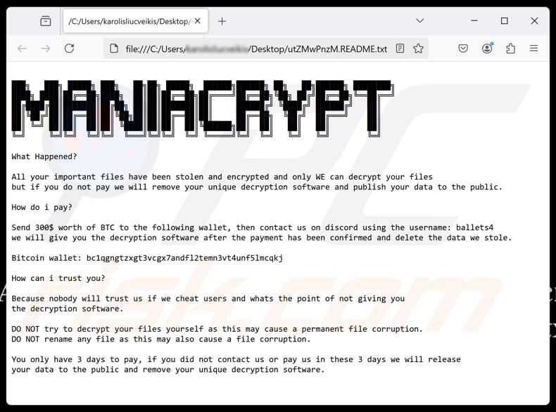 Mania Crypter ransomware plik tekstowy ([random_string].README.txt)