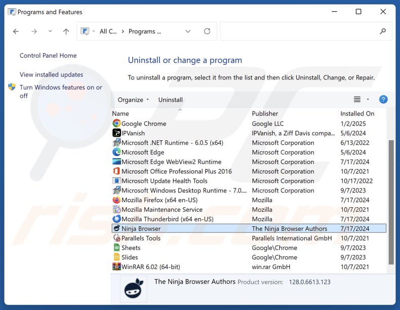 Odinstalowanie przeglądarki Ninja Browser za pomocą Panelu sterowania