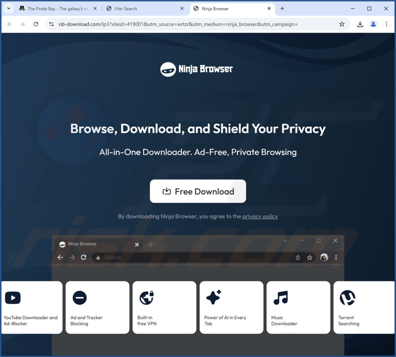 Strona internetowa używana do promowania Ninja Browser