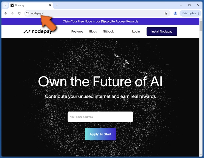 Wygląd prawdziwej strony internetowej Nodepay (nodepay.ai)