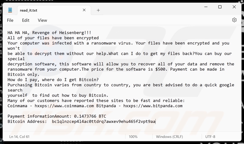 Revenge Of Heisenberg ransomware wariant noty okupu (read_it.txt)