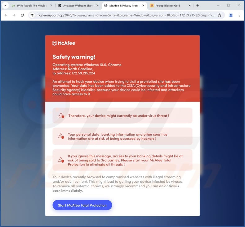 Safety Warning oszustwo (McAfee wariant 2)