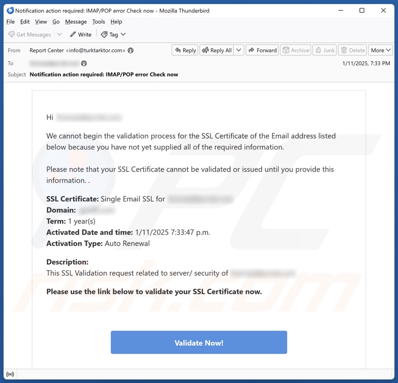 Validation Process For The SSL Certificate Kampania spamowa e-mail