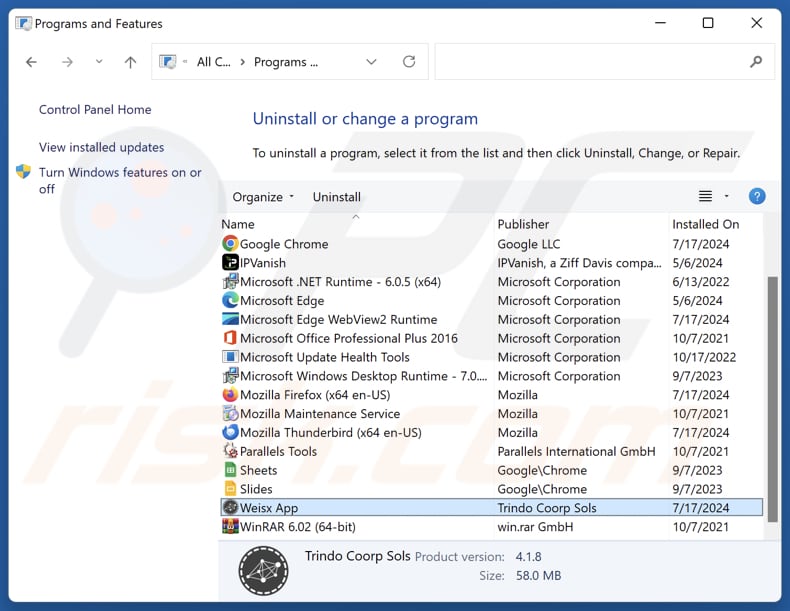Weisx App odinstalowanie via Control Panel