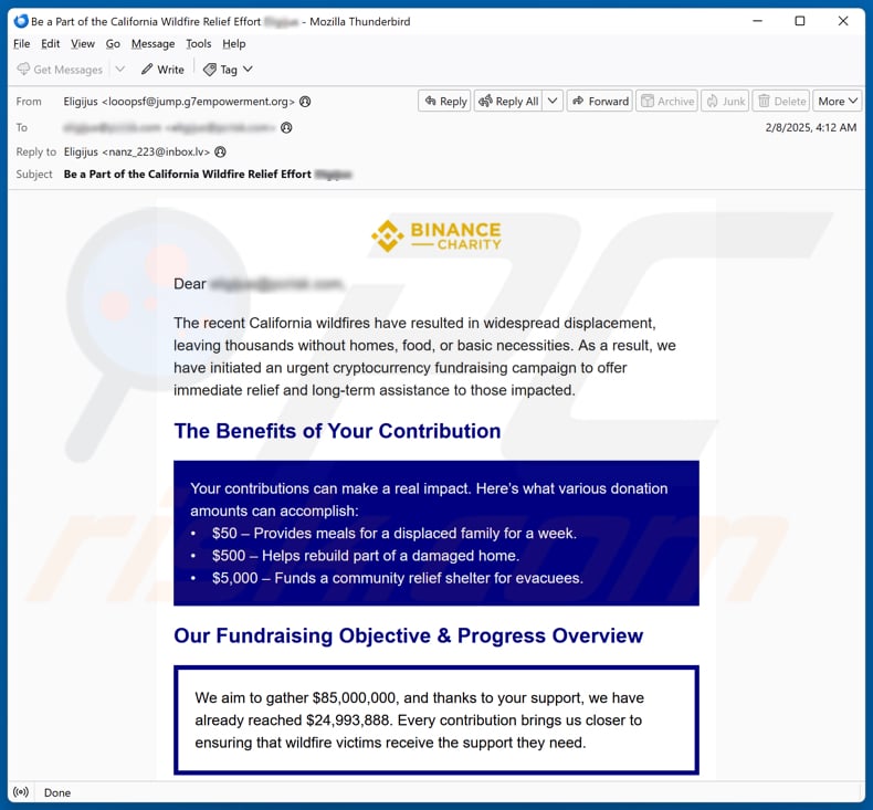 Binance Charity - California Wildfires Fundraiser Kampania spamowa e-mail