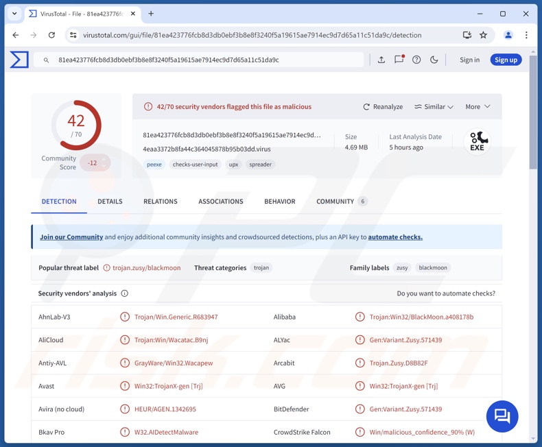 BlackMoon wykrycia złośliwego oprogramowania w serwisie VirusTotal