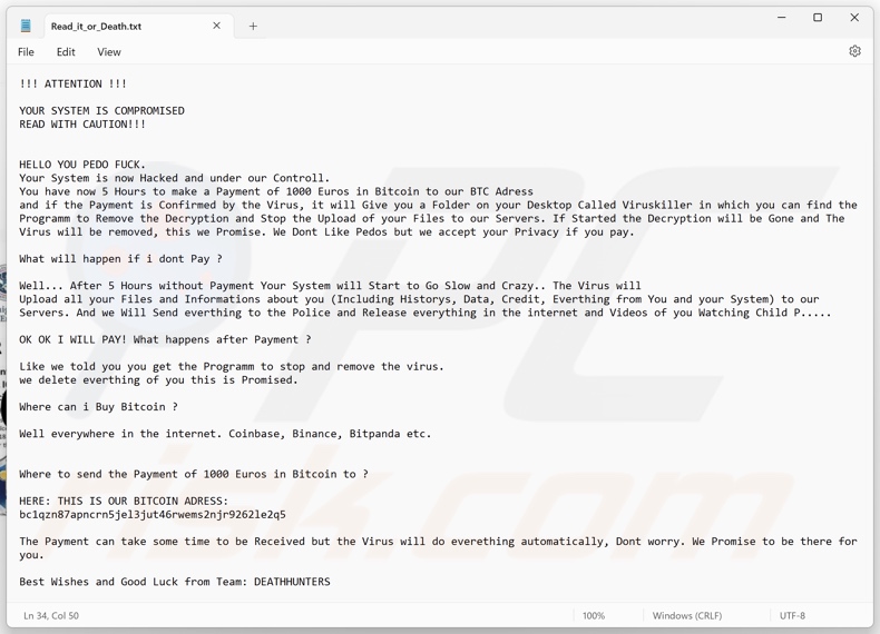 DeathHunters ransomware okup (Read_it_or_Death.txt)