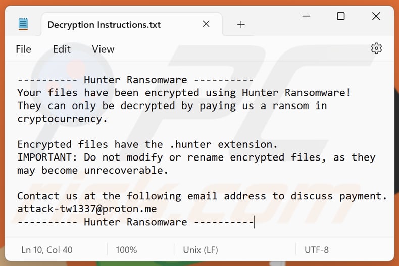 Hunter ransomware plik tekstowy (Decryption Instructions.txt)