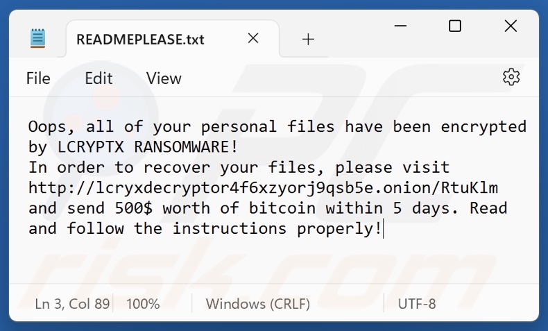 LCRYPTX ransomware okup (READMEPLEASE.txt)