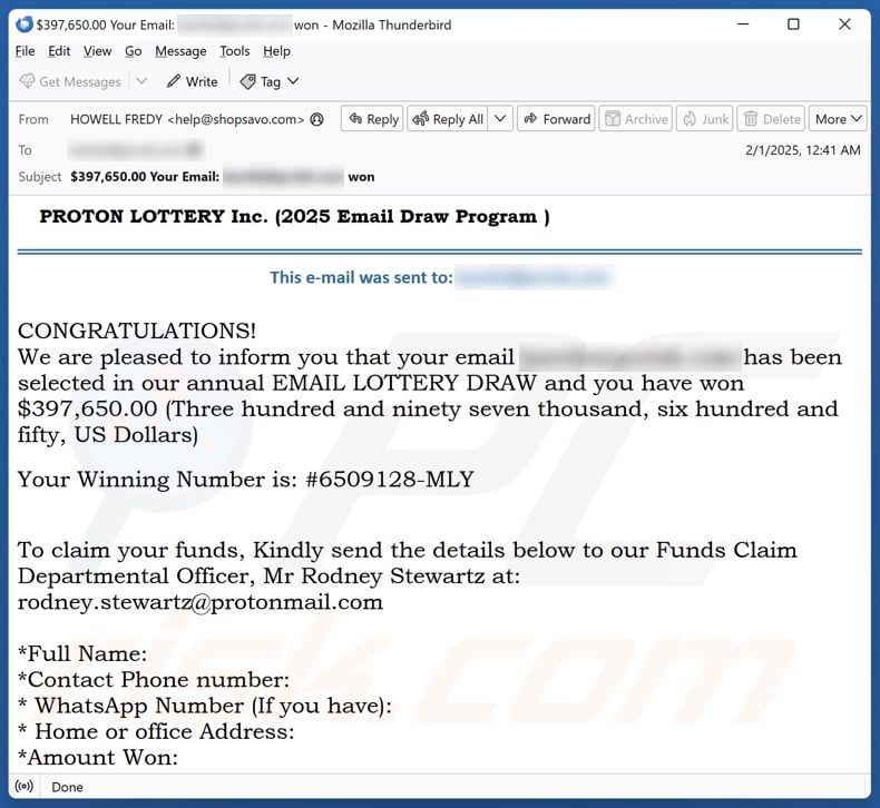 PROTON LOTTERY Kampania spamowa e-mail