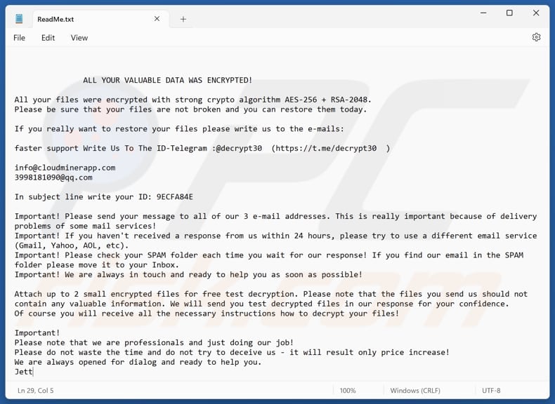 Jett ransomware plik tekstowy (ReadMe.txt)