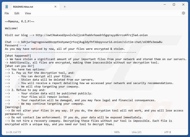 Mamona ransomware okup (README.HAes.txt)