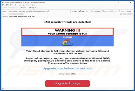 Oszustwo e-mailowe Your Cloud Storage Is Full