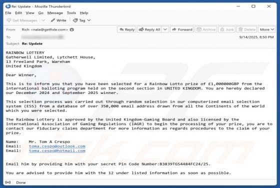 Oszustwo e-mailowe Rainbow Lottery