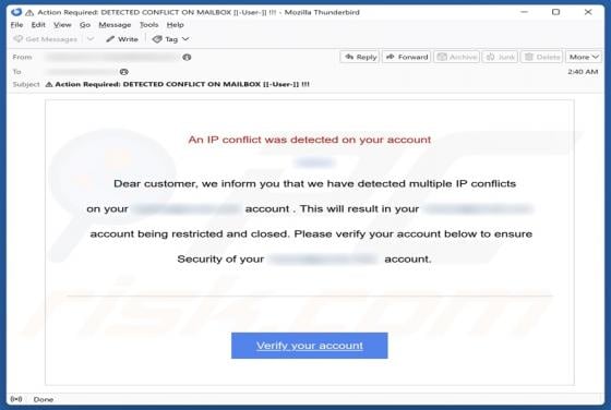 Oszustwo e-mailowe An IP Conflict Was Detected On Your Account