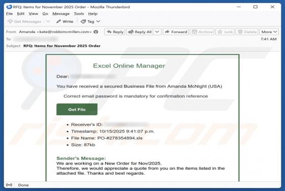 Oszustwo e-mailowe Excel Online Manager