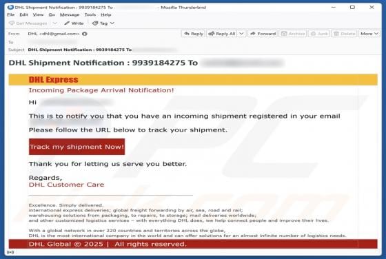 Oszustwo e-mailowe DHL Express - Incoming Package Arrival Notification