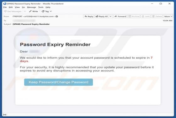 Oszustwo e-mailowe Password Expiry Reminder