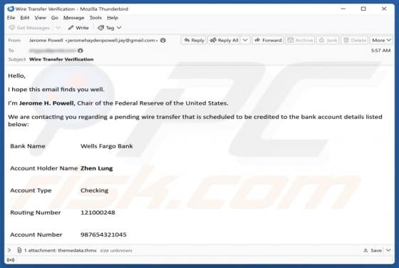 Oszustwo e-mailowe Wells Fargo - Pending Wire Transfer