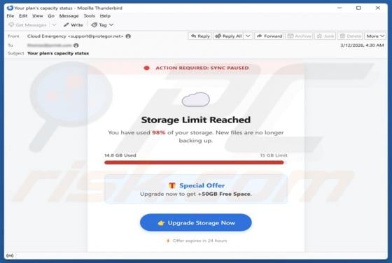 Oszustwo e-mailowe Storage Limit Reached