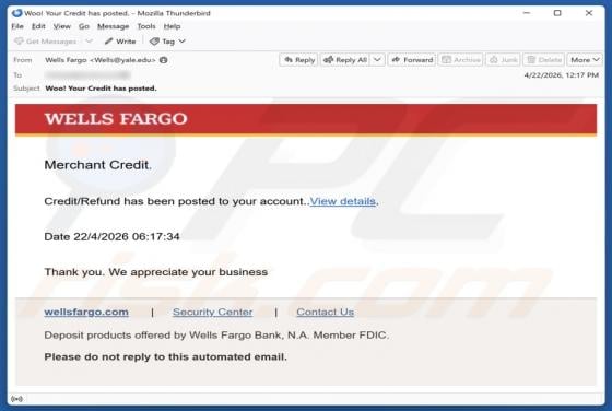 Wells Fargo Credit/Refund oszustwo e-mailowe