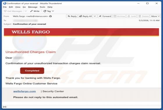 Wells Fargo - Unauthorized Charges oszustwo e-mailowe