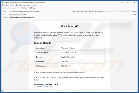 Robinhood Unrecognized Sign-In oszustwo e-mailowe