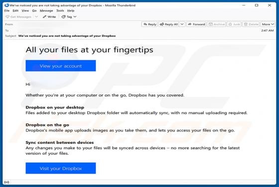 Dropbox Service Usage Reminder oszustwo e-mailowe