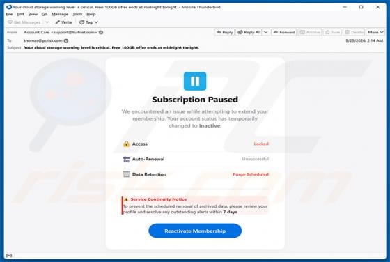 Cloud Subscription Paused oszustwo e-mailowe