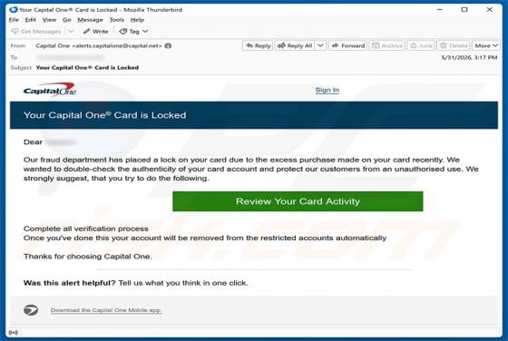 Capital One Card Is Locked oszustwo e-mailowe