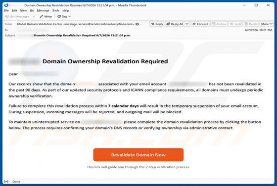 Domain Ownership Revalidation Required oszustwo e-mailowe