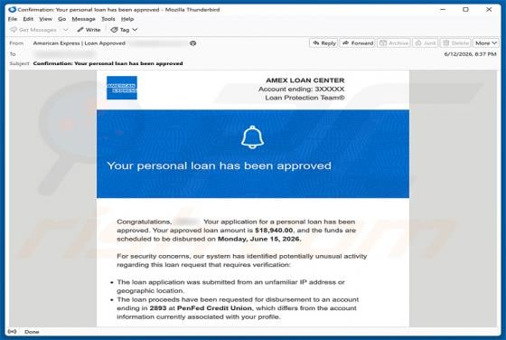 American Express - Personal Loan Approved oszustwo e-mailowe