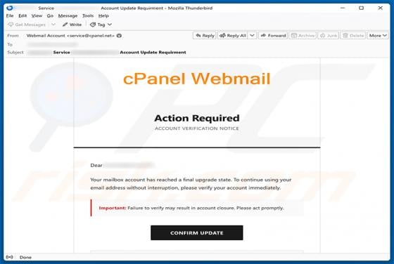 cPanel Final Account Upgrade State oszustwo e-mailowe