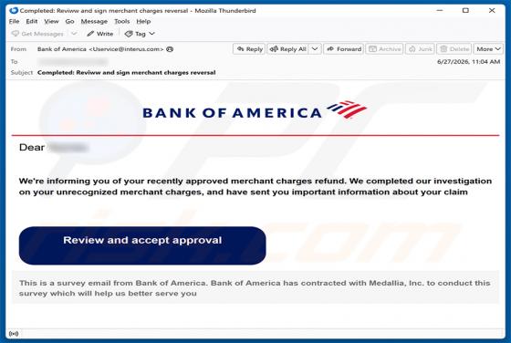 Bank Of America - Merchant Charges Refund oszustwo e-mailowe