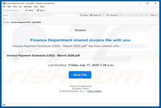Finance Department Invoice oszustwo e-mailowe