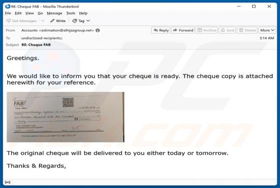 Your Cheque Is Ready wirus e-mailowy